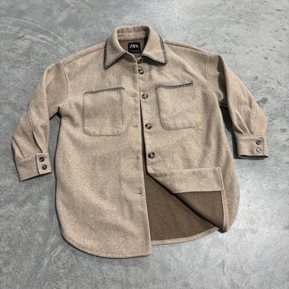 Zara Men's Small Tan Brown Wool Blend Preppy Jacket Black Stitching